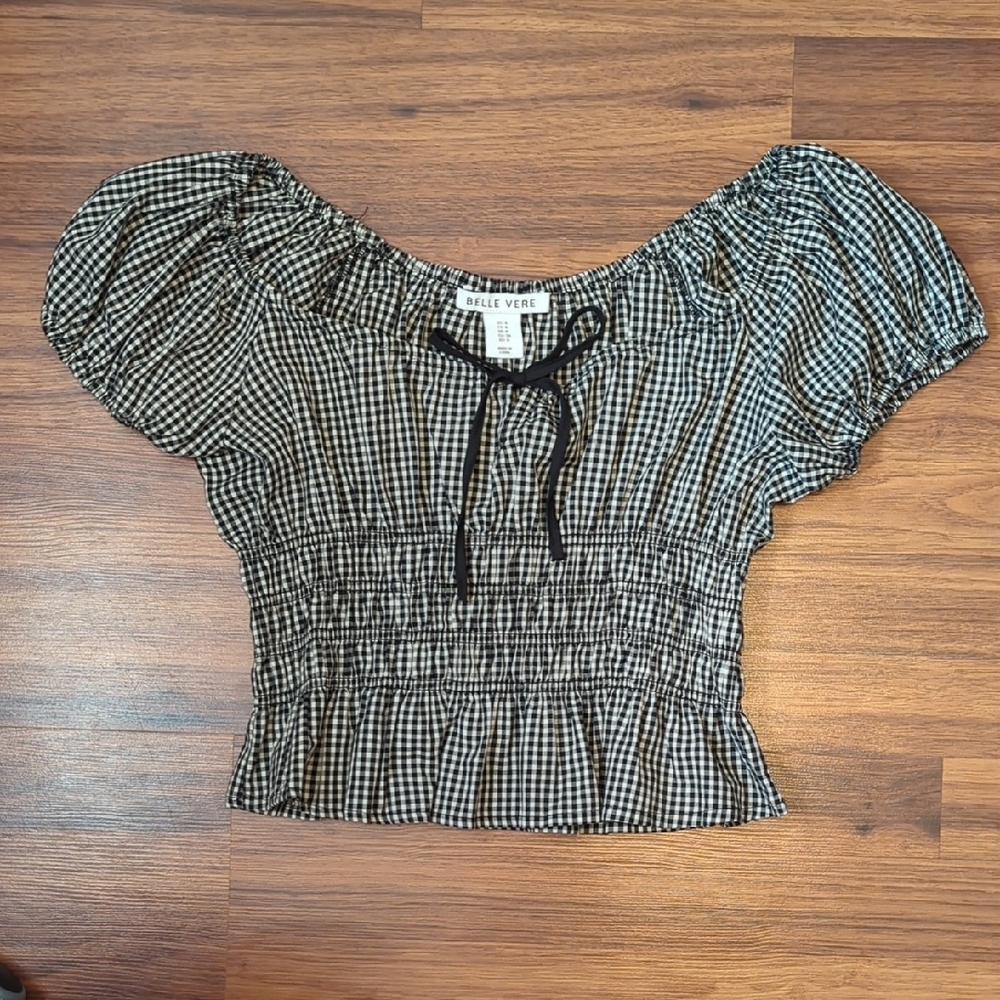 Belle Vere Gingham Crop Top Size 4 Black White Americana Coquette Cottagecore